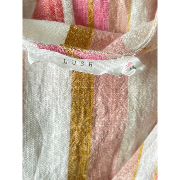 Lush Pink Striped Linen Button Front Tie Cut Out Midi Dress - Picture 7 of 8